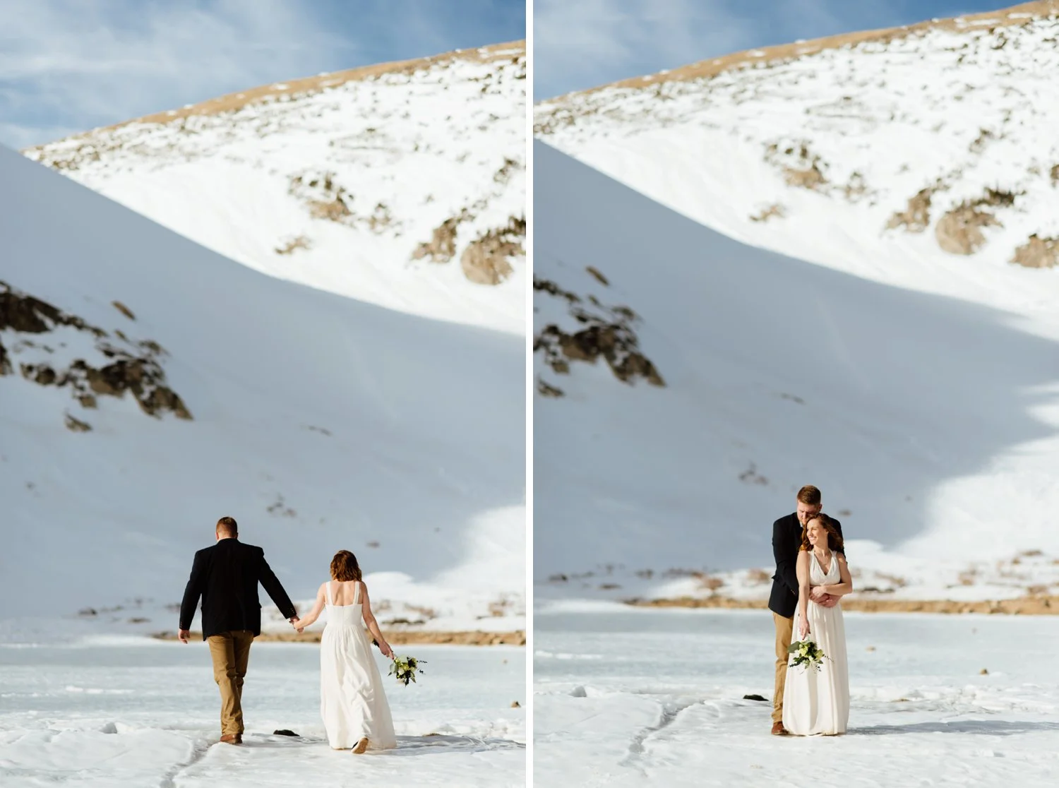 This adorable couple looks so cute playing in the snow on their wedding day up in Colorado's Rocky Mountains. It's such a great idea to have your intimate elopement somewhere so secluded like Saint Mary's Glacier! | Colorado wedding photos by intimate, elopement photographer, Maddie Mae.