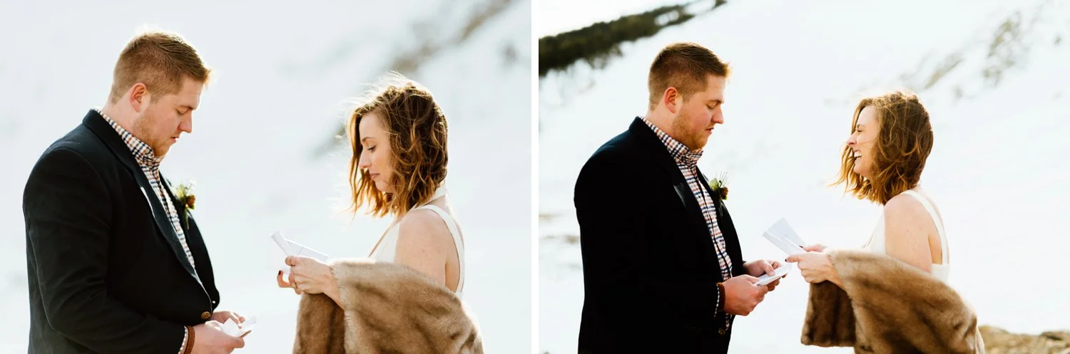This outdoor elopement photographer captured every emotions Kelsie and Tyler felt while saying their vows. I absolutely love this snowy, mountain ceremony location. | Wild, mountain wedding photos by intimate, outdoor elopement photographer, Maddie Mae.