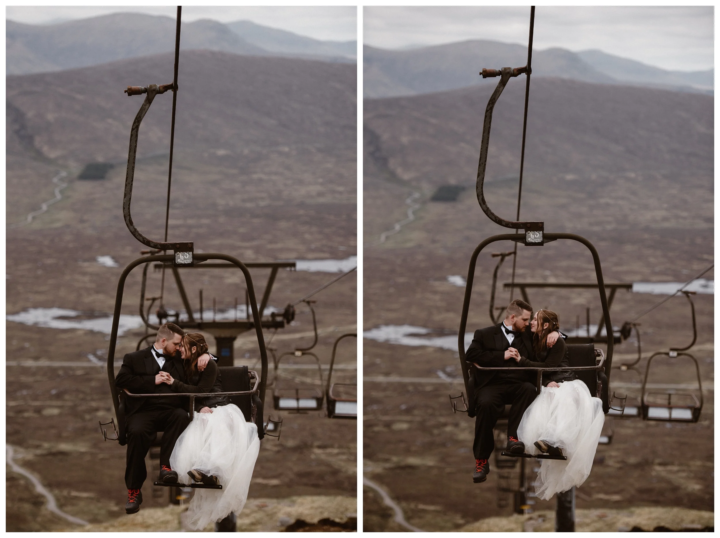 Cuddling together to stay warm in the chill of early May in Scotland, Elissa and Daniel ride a gondola up a mountain outside Glencoe and Ben Nevis before their destination elopement. Photo by Maddie Mae, Adventure Instead.