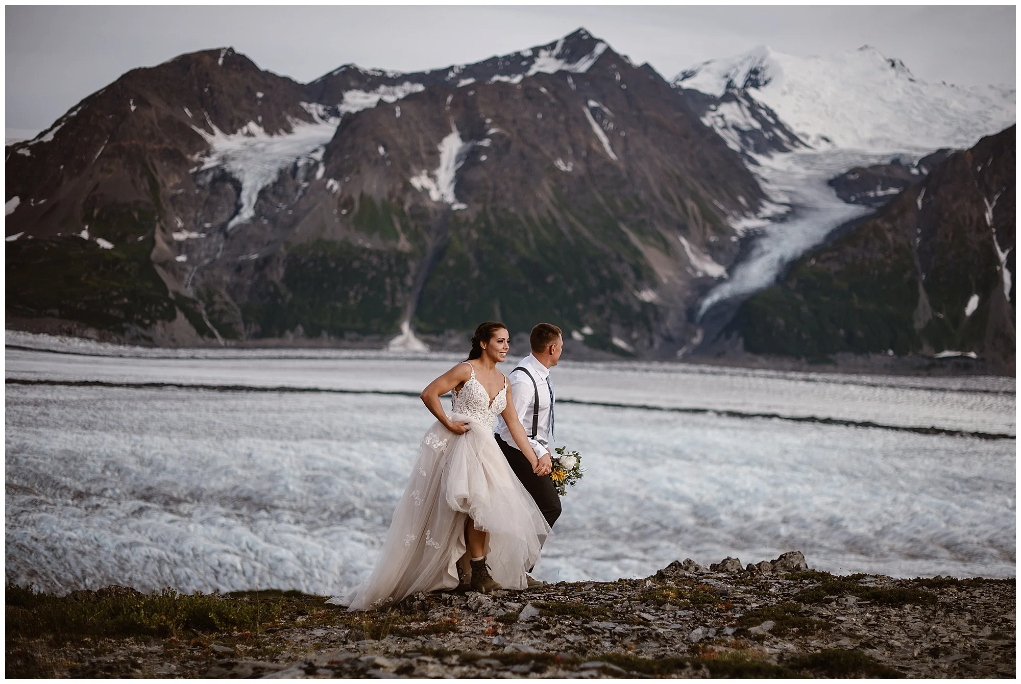 Embrace adventure on your wedding day! This couple chose to elope on the snowy glacier fields of Alaska. Where you elope and how you say your vows matters! Photo by Maddie Mae, Adventure Instead Elopement Photographers.