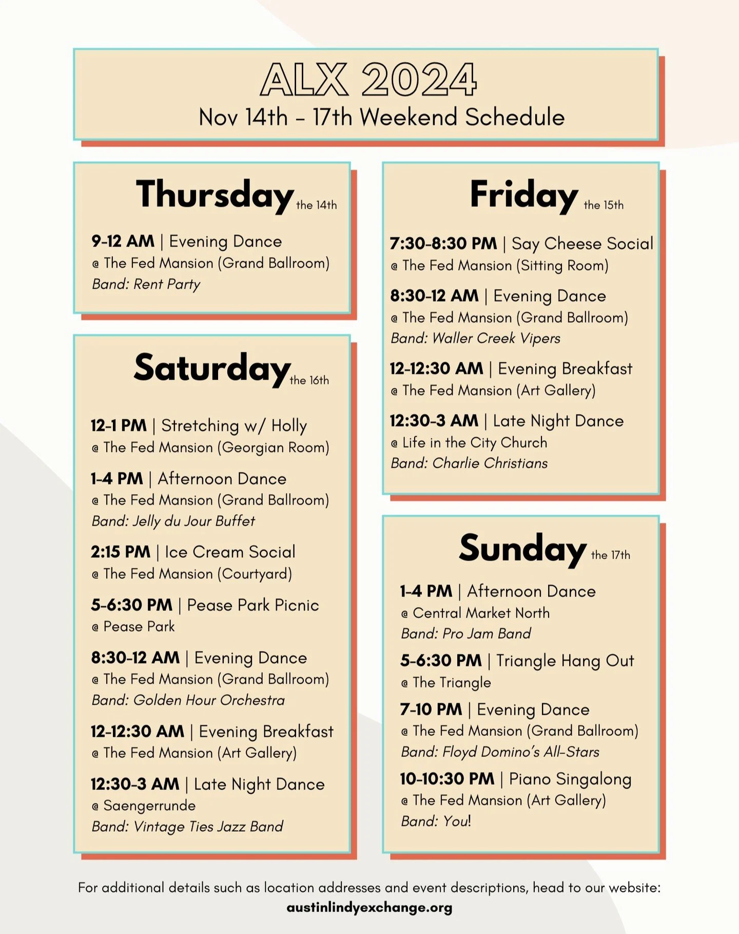 Save this to your phone for quick access! 

Here's the high-level view of our weekend schedule! So many great moments ahead of us!! 

For additional schedule details, head to our website.
www.austinlindyexchange.org/2024-schedule

#austinlindyexchang