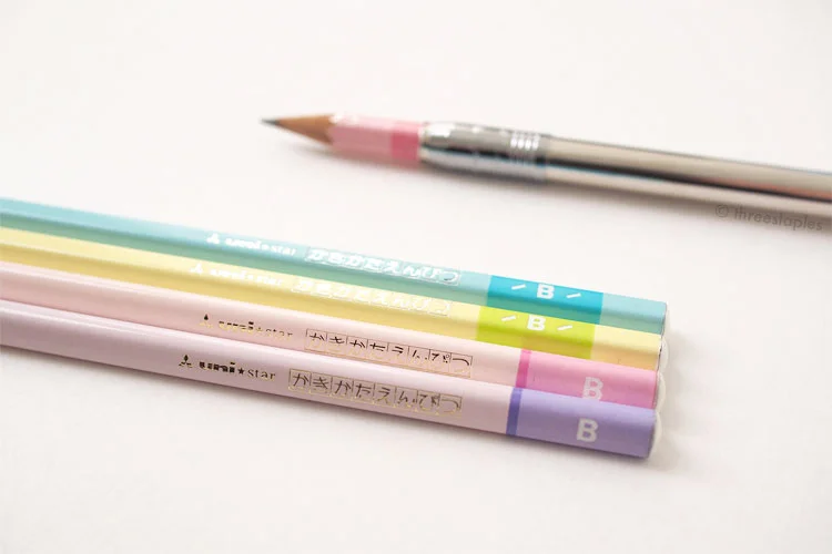 Mitsubishi Uni Star Kakikata: entry level line to teach kids how to hold pencils. I’m going to use all of these, as they’re one of my favorites. Simple but colorful, and some of them are triangular! A quick search tells me they’re still available in Japan. Amazing!