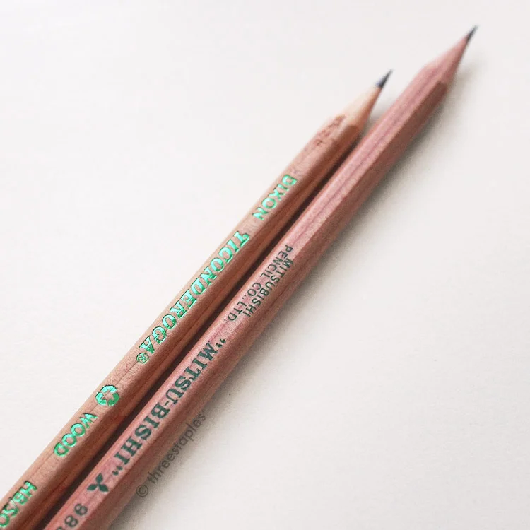 Metallic green imprint on Ticonderoga Renew (left) vs. the matte green imprint on Mitsubishi 9852EW (right).