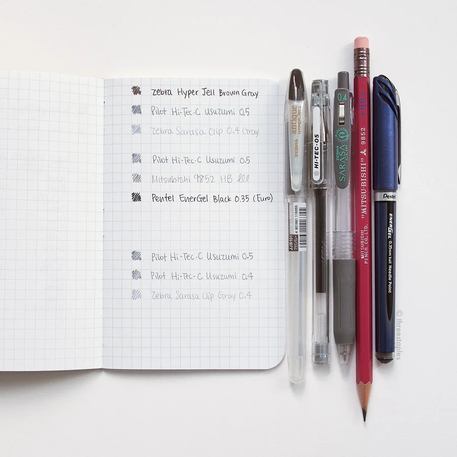 Quick comparison with Zebra Antique Hyper Jell in Brown Gray, Zebra Sarasa Clip in Gray, Mitsubishi 9852 HB pencil, and Pentel EnerGel Euro Needle-Point in .35mm black, using standard original Field Notes.