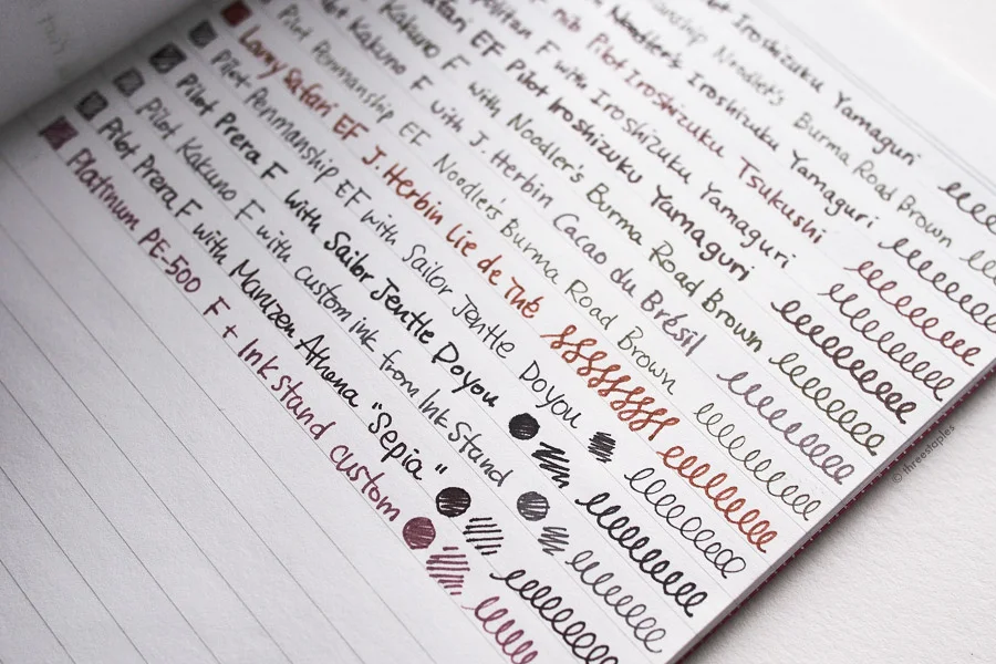 I tried to make a color similar to, yet different from, my favorite J. Herbin’s Cacao du Brésil. I think I was successful. See 3rd from the bottom row.