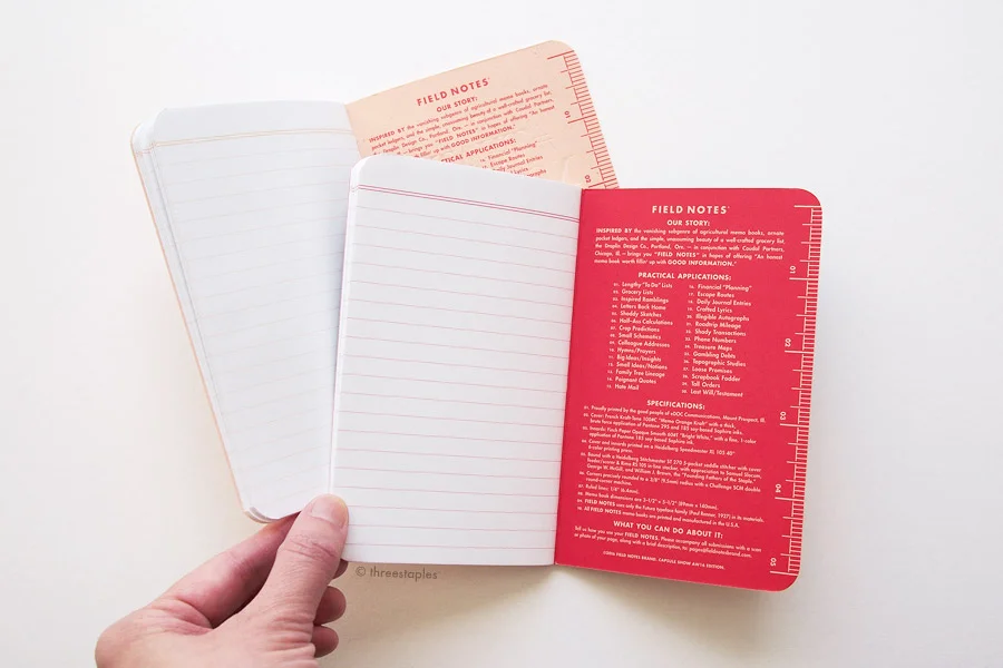 Inside covers of both Capsule editions are printed in red, except in AW16 edition (right), the “background” of the text is printed instead, so that the pale orange color of the paper shows through as the color of the text. This red in AW16 is Pantone 185, the same color used for the ruled lines.