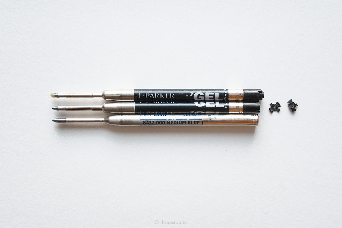 From top: Parker Quink gel refill in black, the same refill with a few millimeters cut off, and Goliath refill in medium blue.