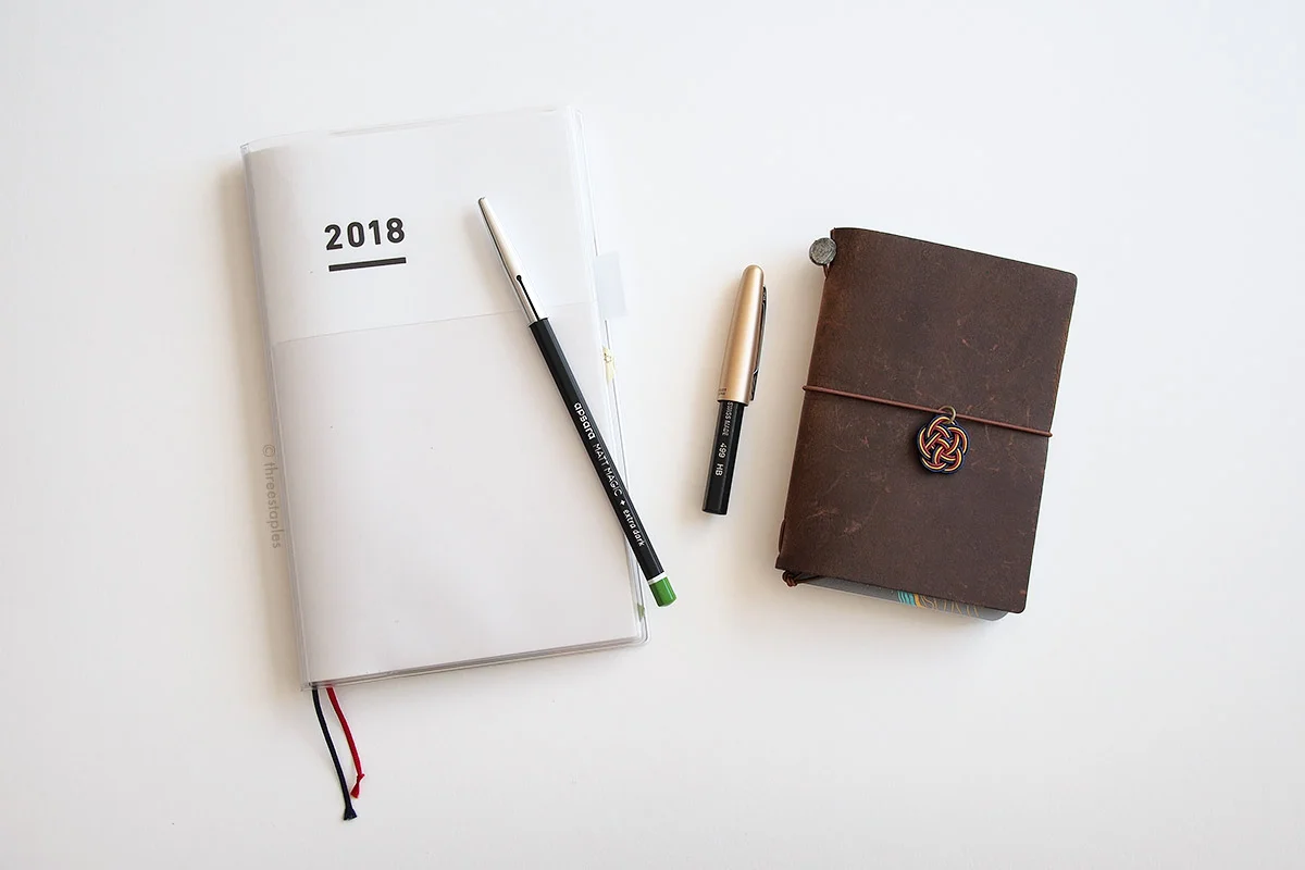 These days, I use pencils mostly in my planner (Jibun Techo, left) and Field Notes (inserted in Traveler's Notebook cover on the right). Inspired by Tim Wasem on Erasable Podcast , I put Pilot Metropolitan fountain pen cap on Black Wood. The fit is a tad loose, but it’ll do for now.