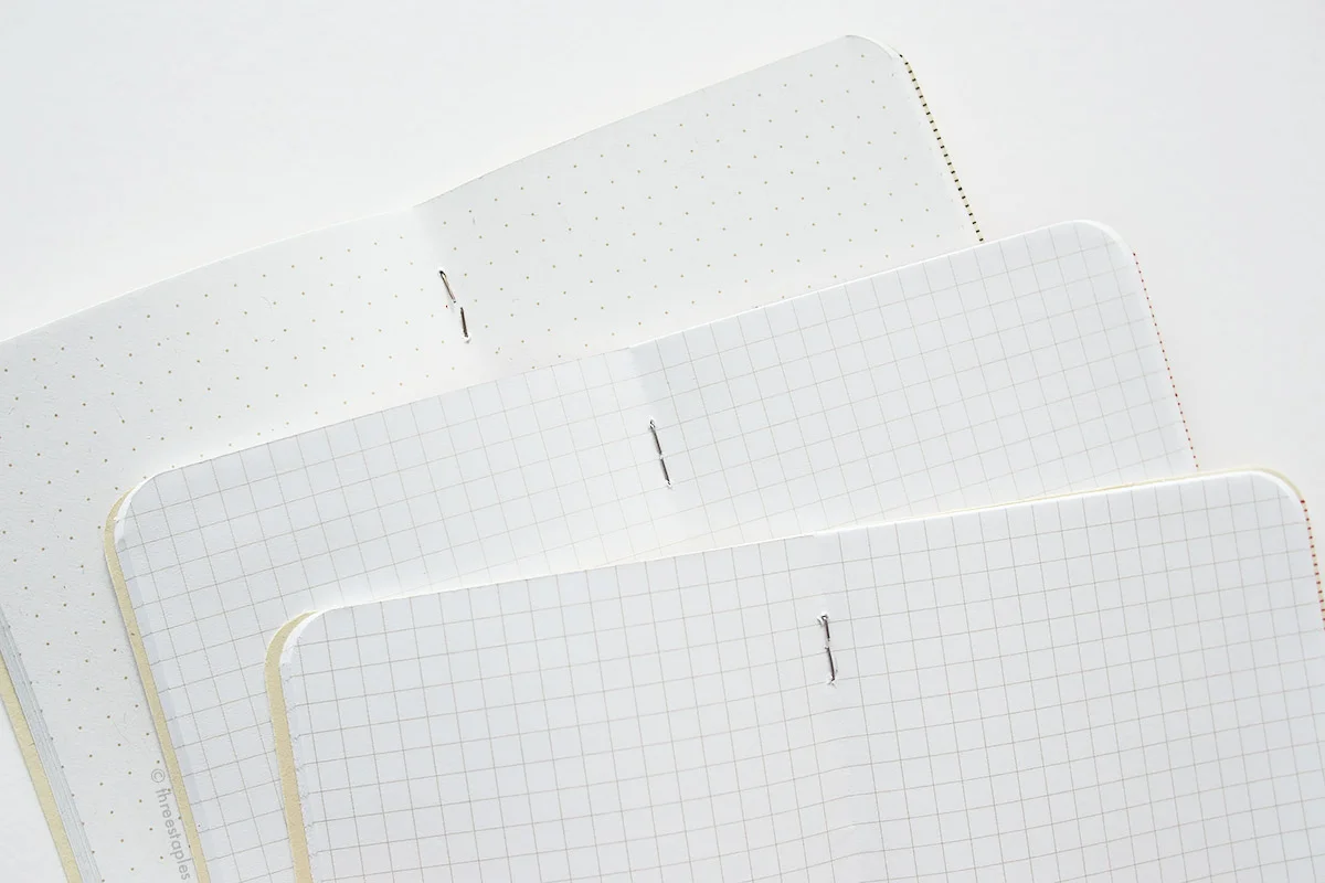 Innards comparison (from left): Workshop Companion, Heartbeat, and 2018 Rooster. Workshop Companion uses Kraft-Tone 70#T “Standard White Kraft”, which is thicker and slightly warmer in tone than the Finch Paper Opaque Smooth 60#T found in Heartbeat and Rooster. It’s also dot grid in “Maple Lacquer”, instead of graph grid.