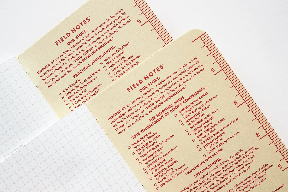 Inside cover comparison: Heartbeat (top left) and 2018 Rooster (bottom right). It's neat that Heartbeat has a new set of “Practical Applications” and in 2018 Rooster, they are replaced by the list of Tournament of Books contenders.