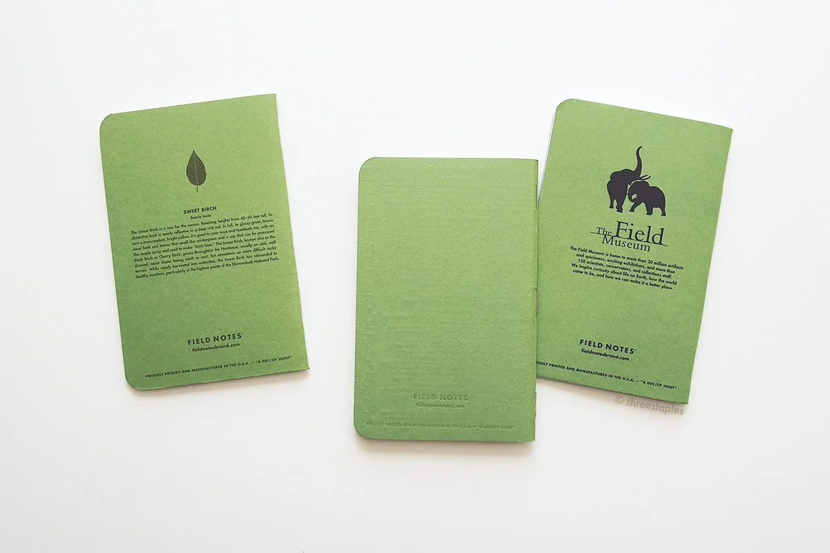 Back view, from left: Shenandoah “Birch”, Grass Stain Green, The Field Museum.
