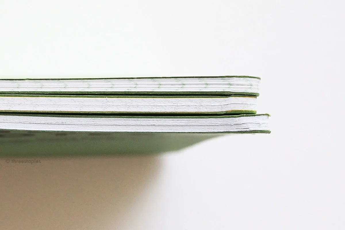 From top: Grass Stain Green, Shenandoah, and The Field Museum. Innards in Grass Stain Green are 50#T, making it the thinnest memo book in this group. Shenandoah feels the thickest with its custom-duplexed cover.