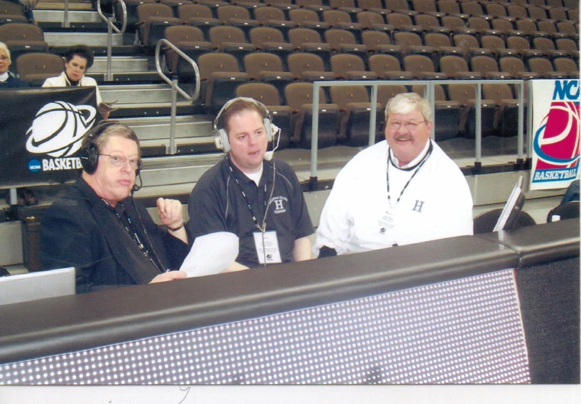 parke hayes, brad mont & Jim eckhardt broadcasting a basketball game from Hillsdale college