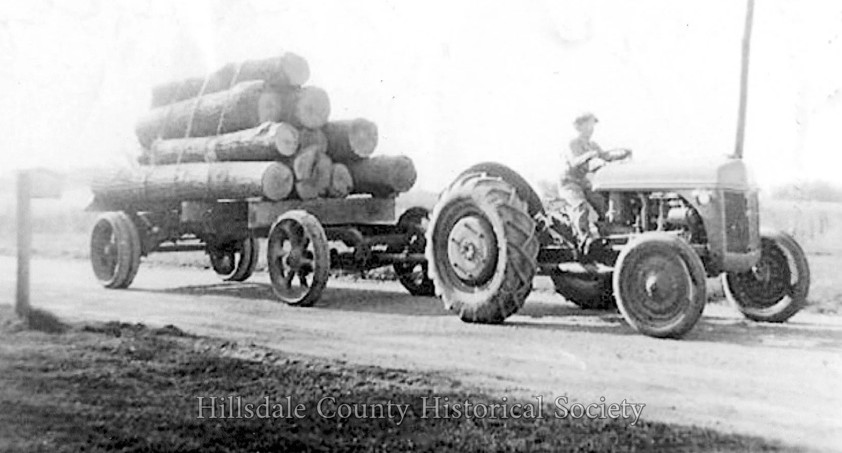 a young george woodard hauls logs to be used for lumber in bankers.