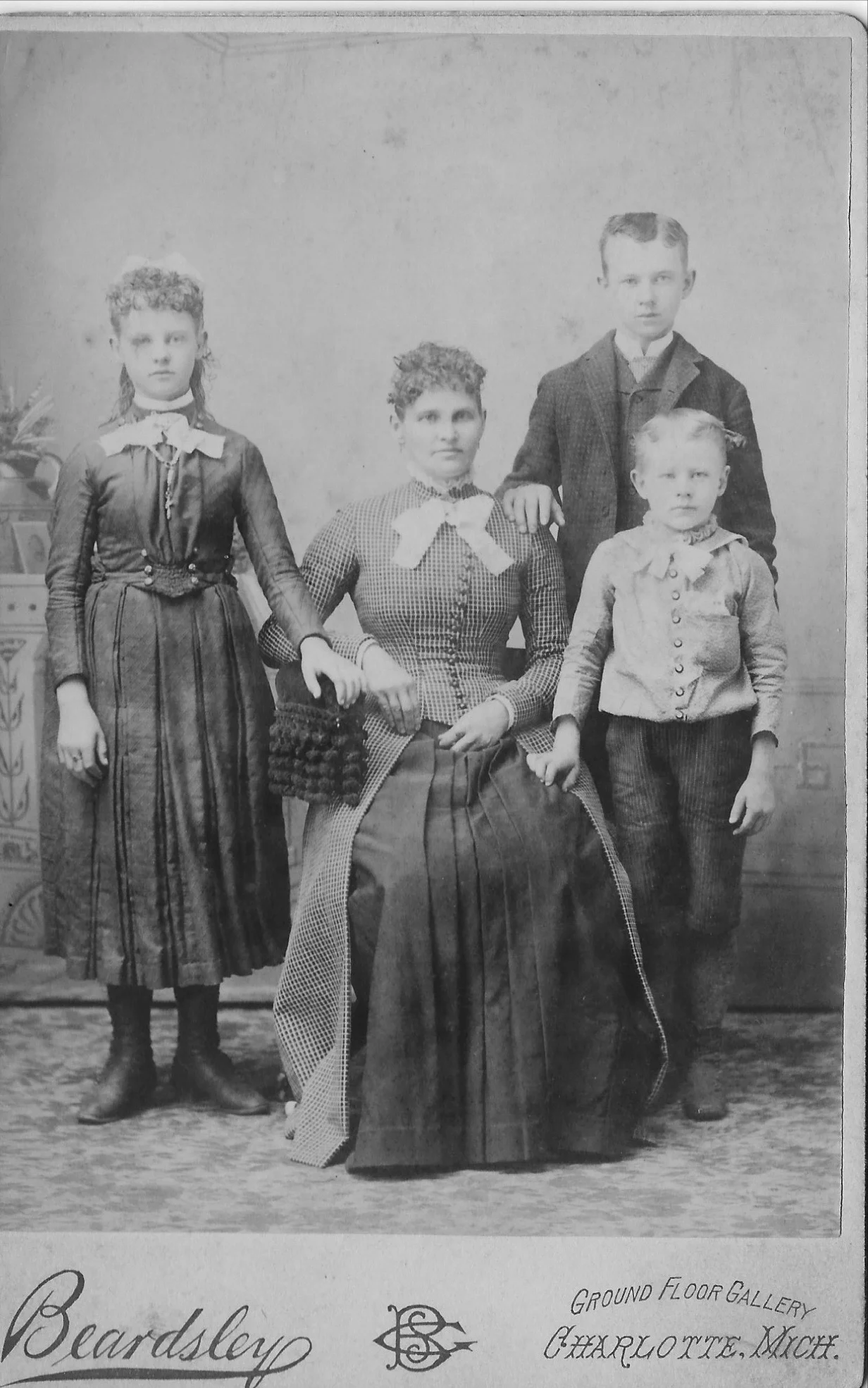 The pictures on this page were included in the box of items received by John Mosher. The style of clothing is not from the civil war era, but rather the 1890s. These may have been children and/or grandchildren of Hubert Smith and Agnes Kelly.