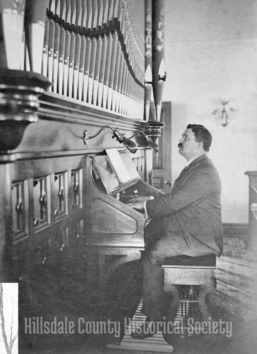 Fred Thatcher, organist at the First Presbyterian Church. The new church organ was donated by Mrs. Charles T. (Harriett) Mitchell after the devastating fire of 1899