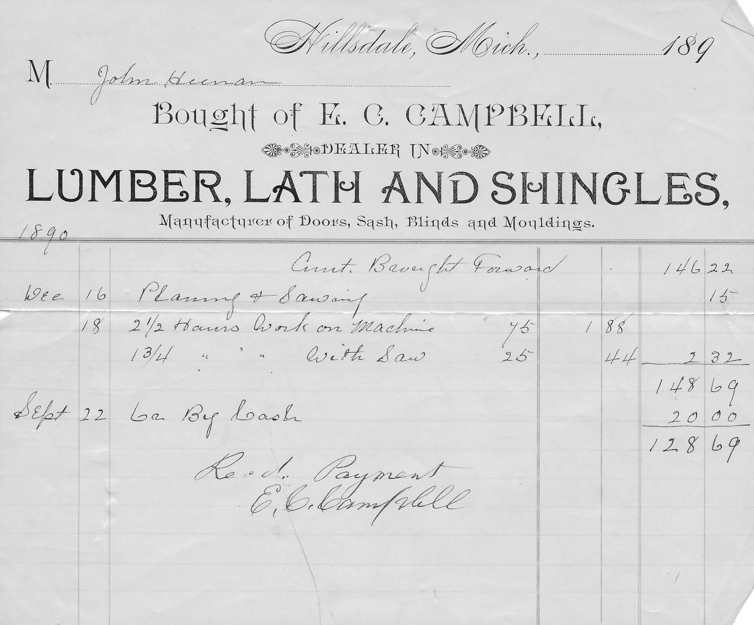 A second receipt for materials - 1890