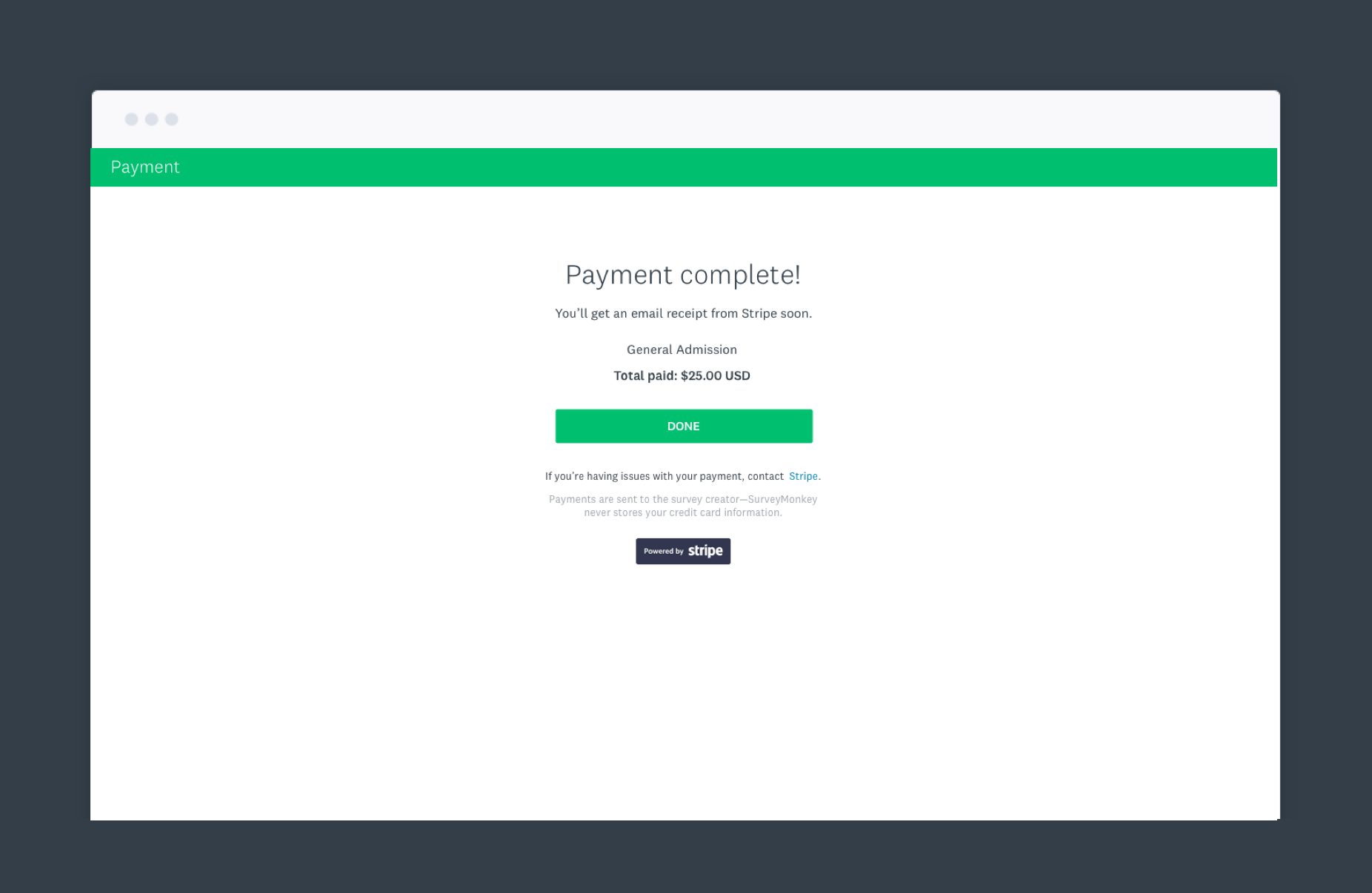 c) Screen state for successfully processed payment