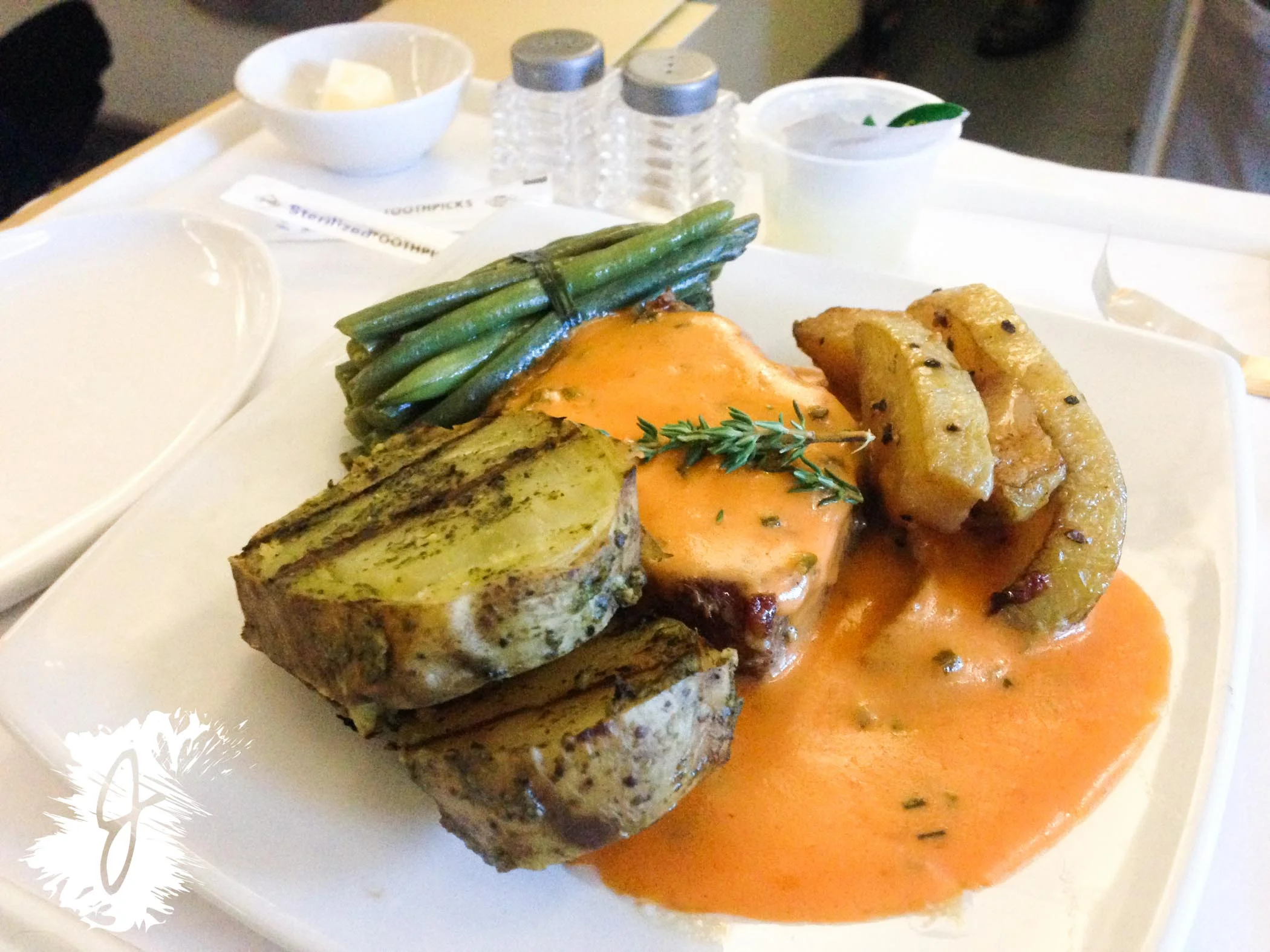  I chose steak and potatoes for my first meal on the flight to Africa. 