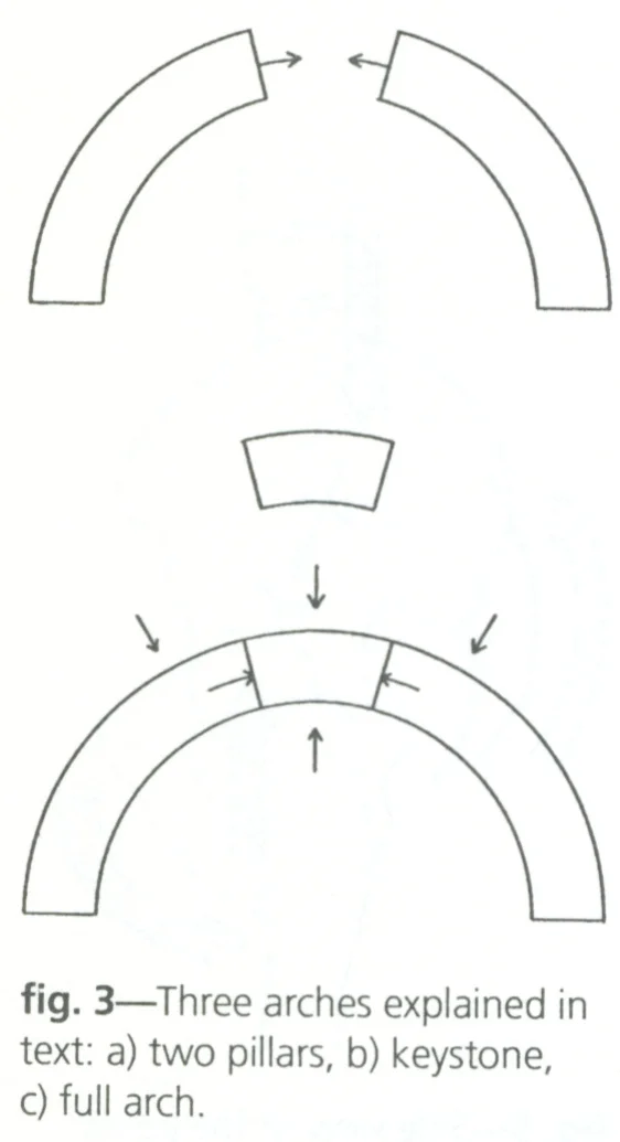 The keystone of an arch is an apt equivalent to the sacrum , which lies between the two hip bones. From Taking Root to Fly