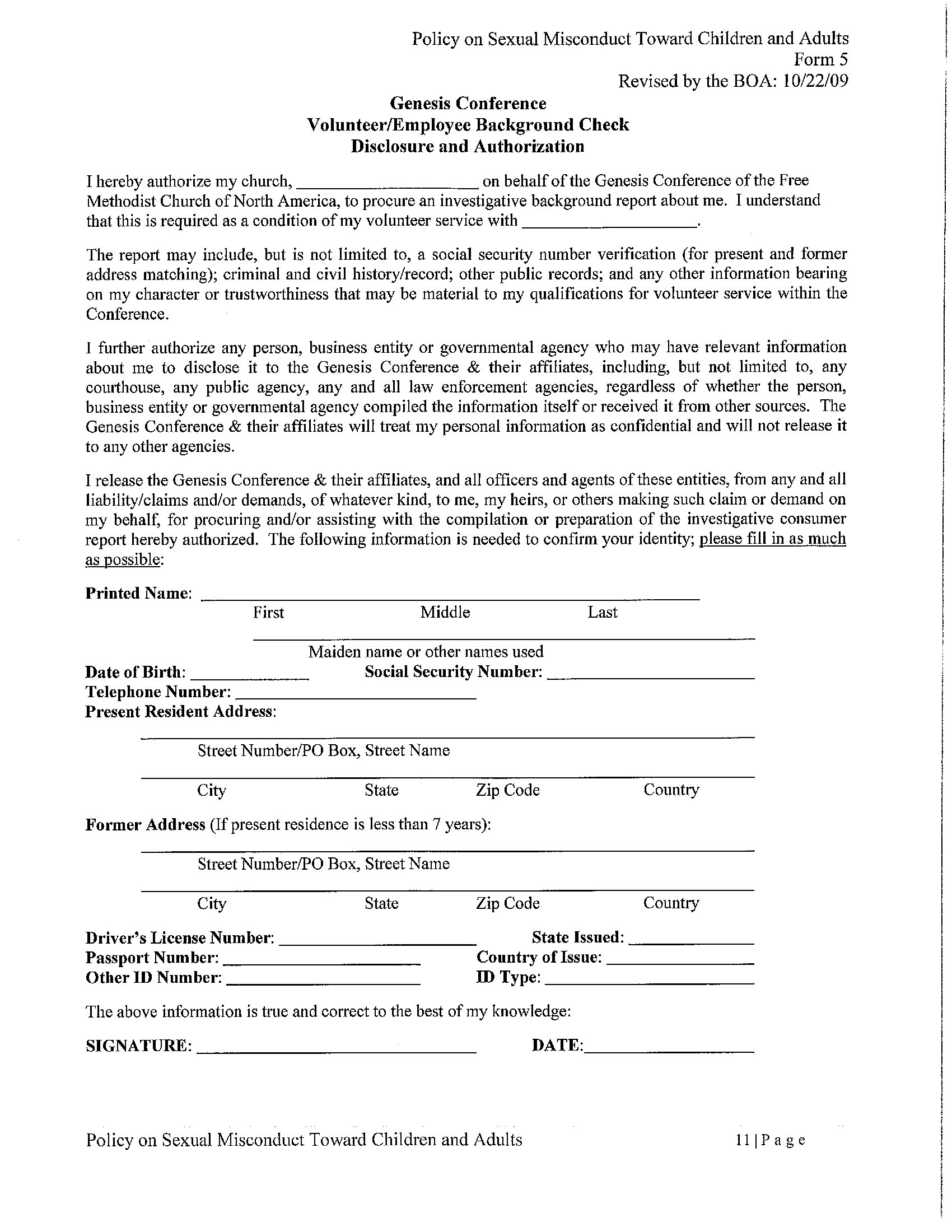 Genesis Conference Background Check Form — New Hope Free Methodist Church