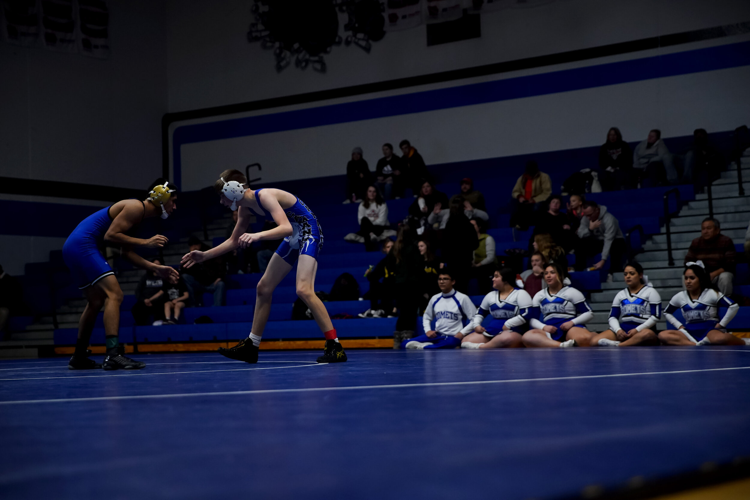   A wrestling match at West Liberty High School in West Liberty, IA. 2020. The town is in Muscatine County, Iowa, and as of the 2010 U.S. Census was the only city in the state to have a majority Hispanic population.  