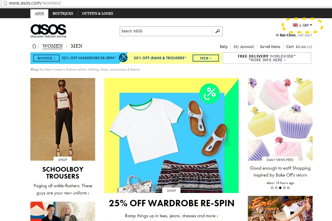 ASOS 省錢小撇步第一招就是 把上面黃色虛線小圈圈 改成 GBP 英鎊 通常會比台幣省 幾百到千喔! 把同樣商品擺著 換看看就知道了 ! = ) 要當ASOS通 這招是基本的啊! 