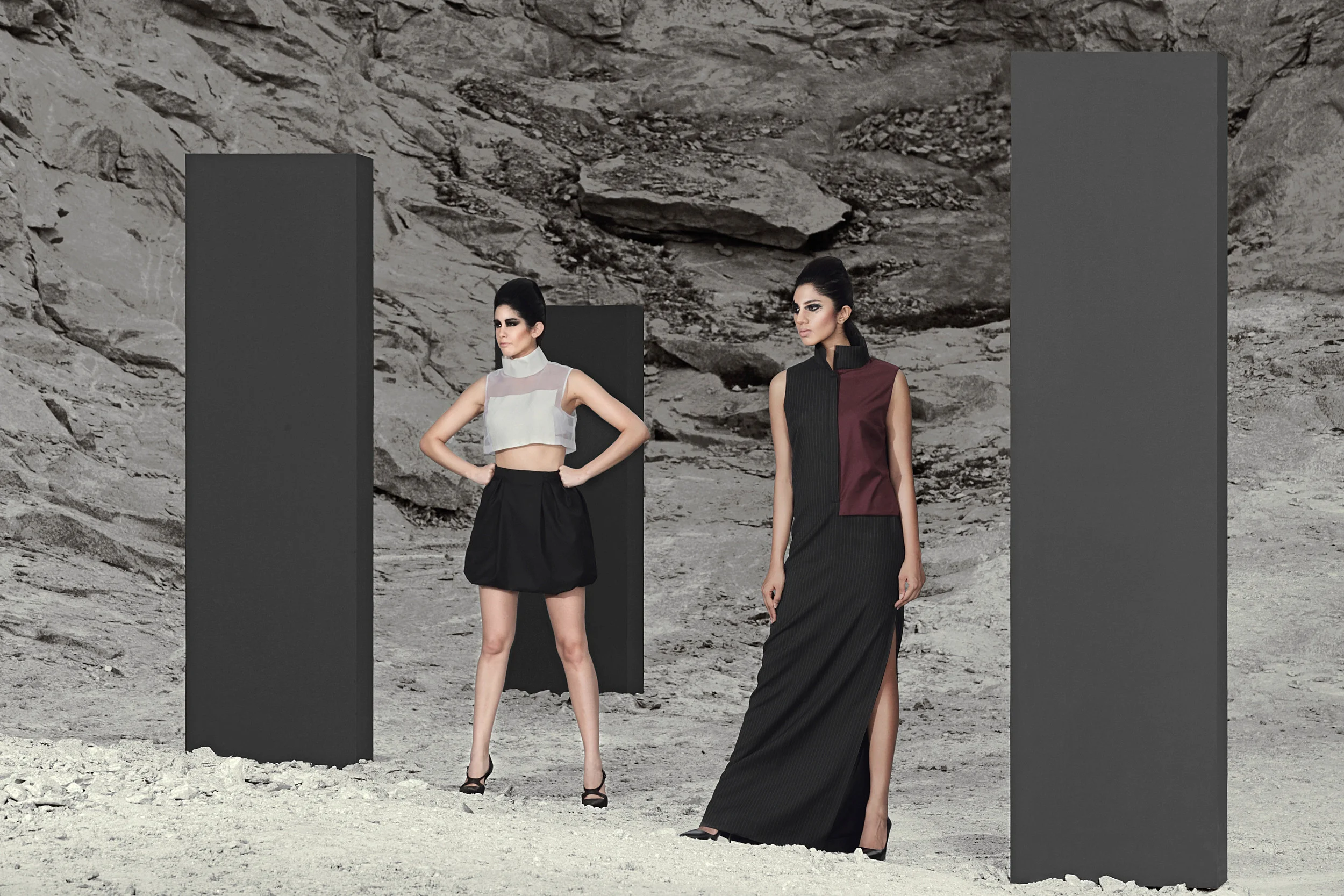 On Maria, Look 1.15.17 Crop top with jacquard panel & short skirt with extra fullness. On Amrita, Look 1.15.13 Long dress a slit on the side and hand detailed panels. A.Criton