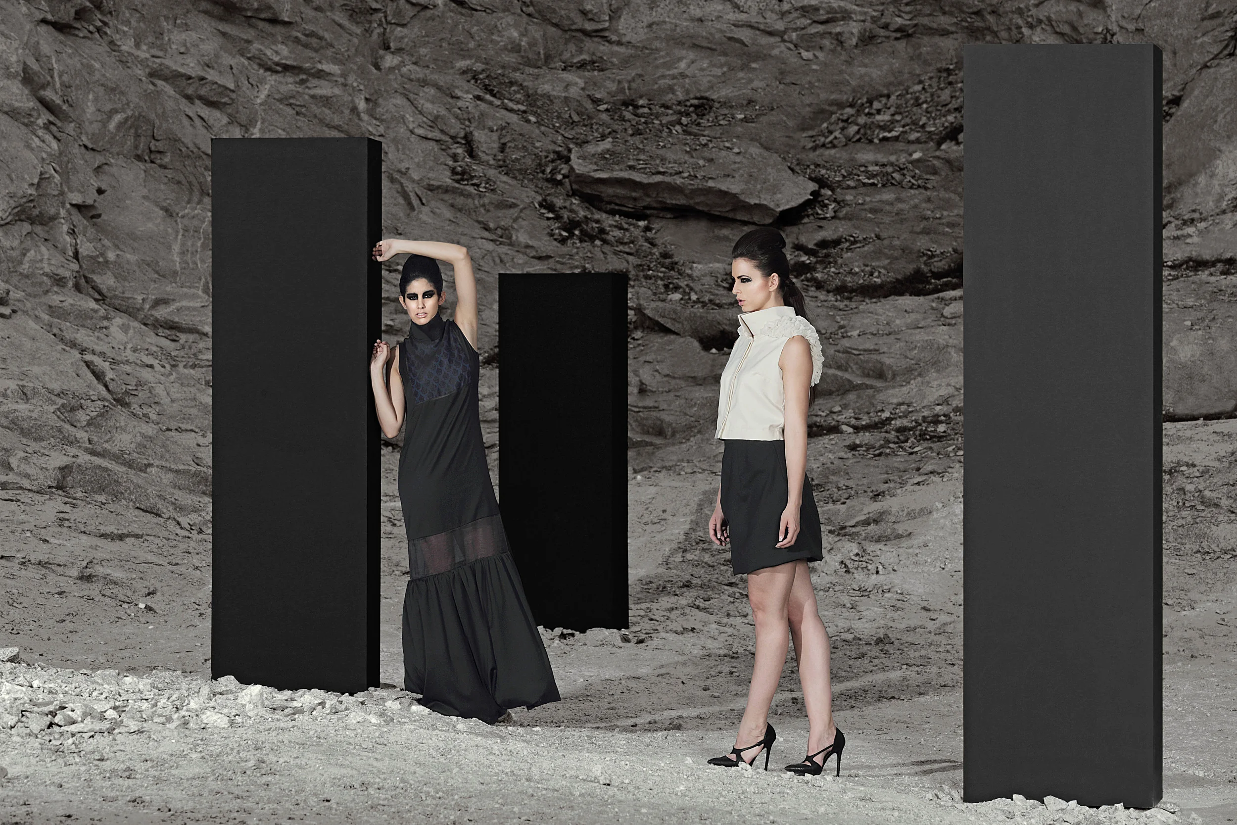 On Maria, Look 1.15.19 Long dress with flared hem and organza detailing On Talesha, Look 1.15.22 Top with ruffles at the shoulder and back & short skirt with asymmetrical pleats. A.Criton