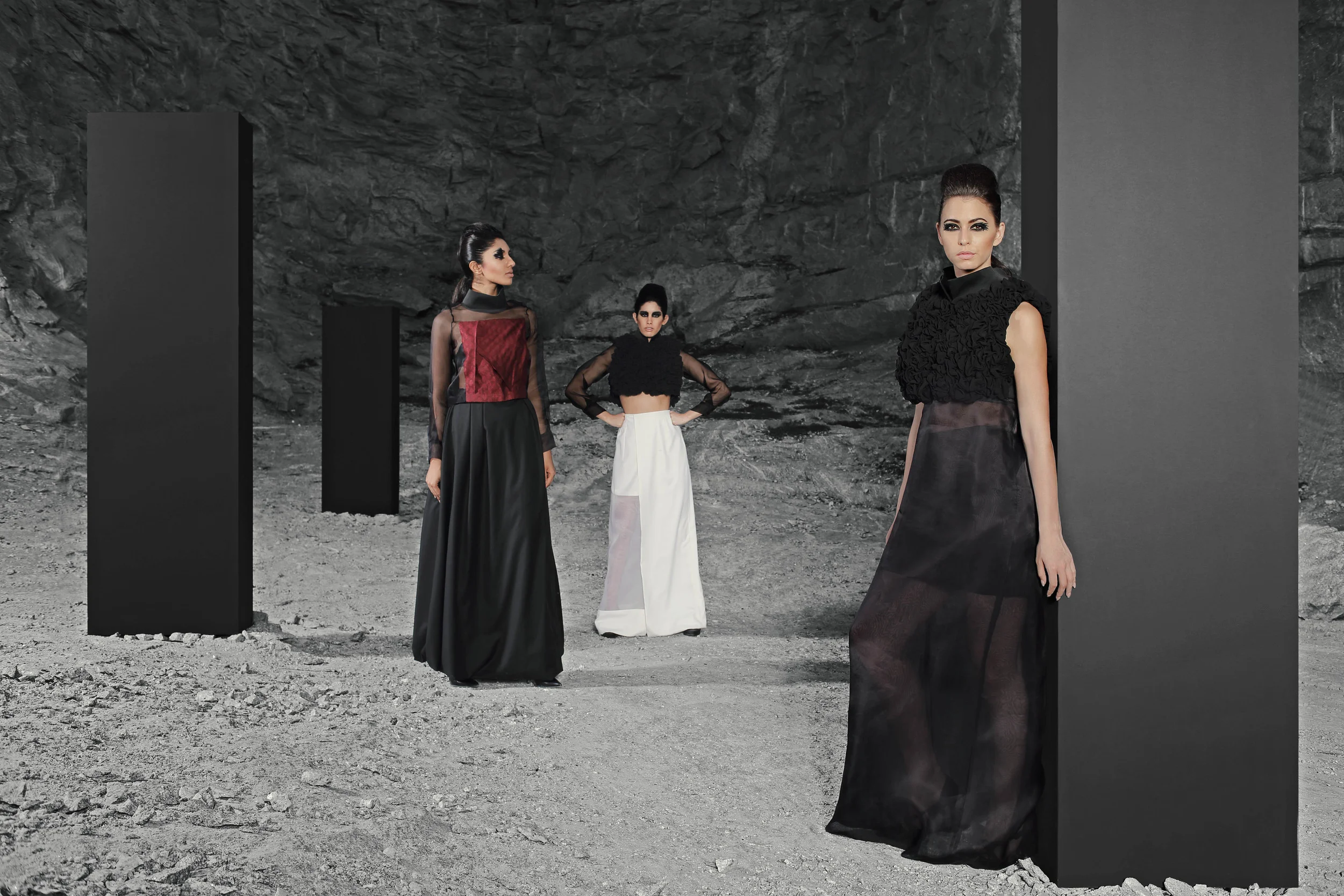 On Amrita, Look 1.15.15 Top in organza with pleated panel & long skirt with asymmetrical pleats and extra fullness. On Maria, Look 1.15.27 Crop top with ruffles and organza sleeves & overlapping long skirt with organza panels On Talesha, Look 1.15.25 Long dress in organza with ruffles & short skirt. A.Criton