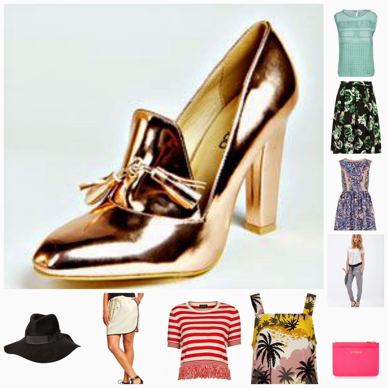 one: boohoo Metallic Heeled Loafer | two: boohoo Crochet Top | three: Dorothy Perkins Floral Scuba Skirt | four: Dorothy Perkins Blue Chiffon Dress | five: F21 Knit Jogger | six: Je T'aime Zippered Pouch | seven: TOPSHOP Acapulco Tank | eight: TOPSHOP Striped Tassel Top | nine: Old Navy Dolphin Hem Skirt | ten: Old Navy Fedora Hat 