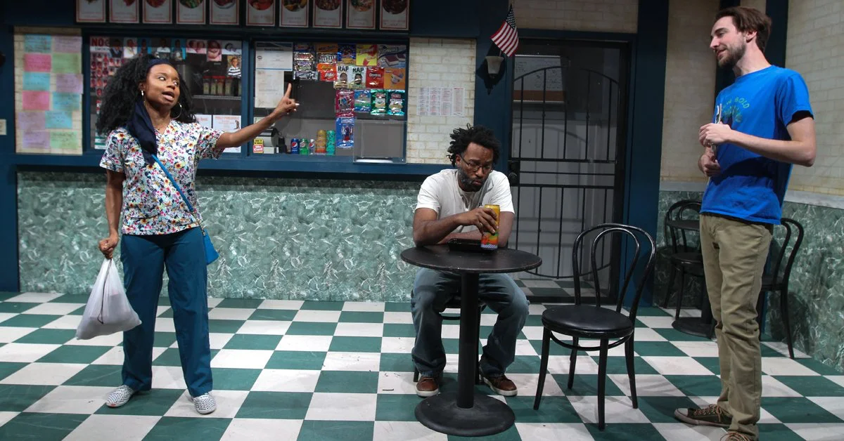 Kendra Holloway, Richard Bradford, and Justin Pietropaolo in SALT PEPPER KETCHUP at InterAct Theatre Company