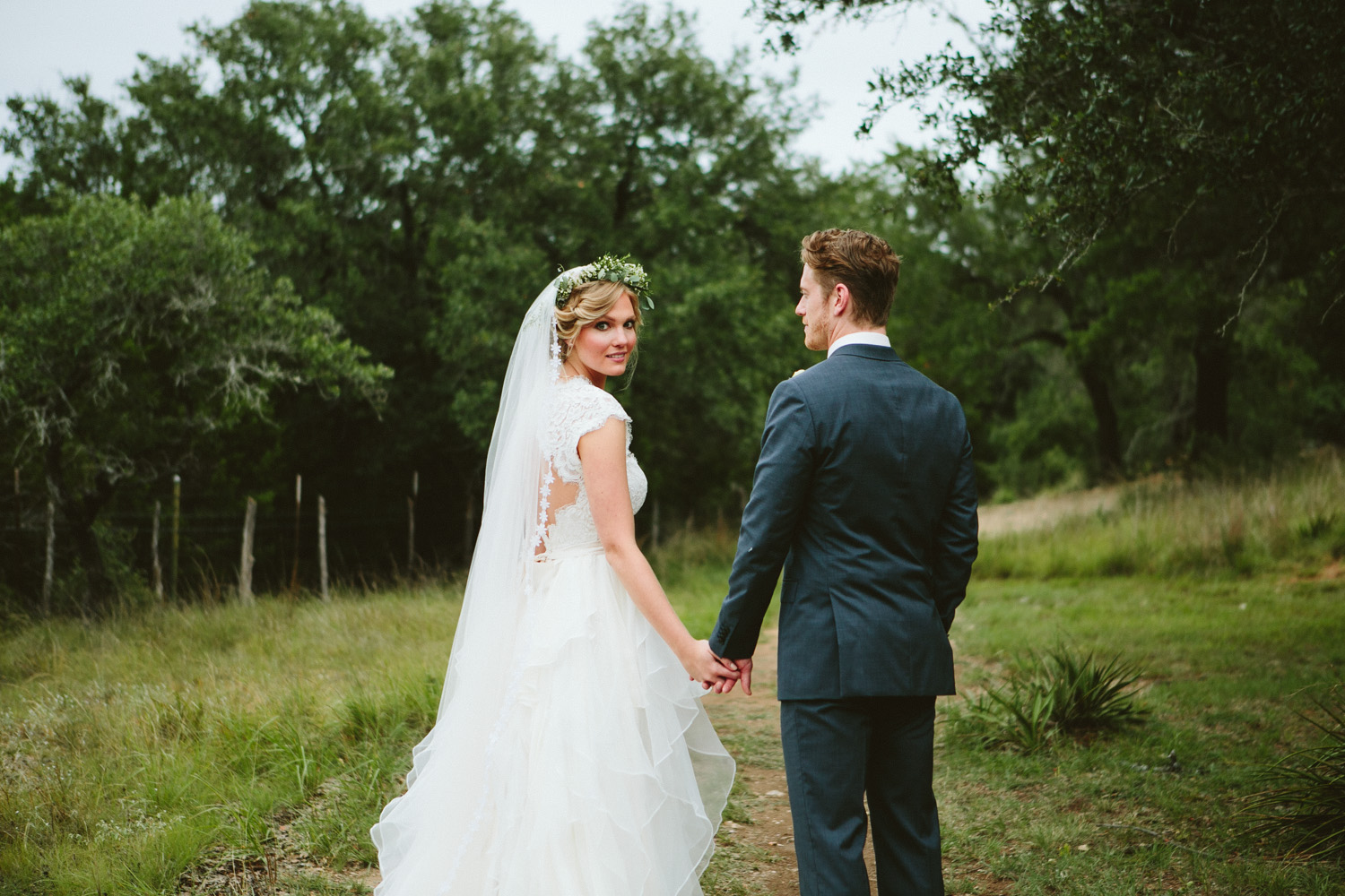 Bride with Flower Wreath with Stylish Groom | Lisa Woods Photography