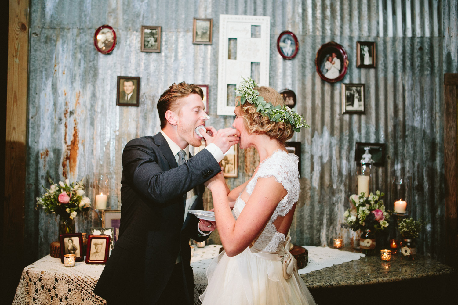 Bride and Groom at Vintage Cake Table | Lisa Woods Photography