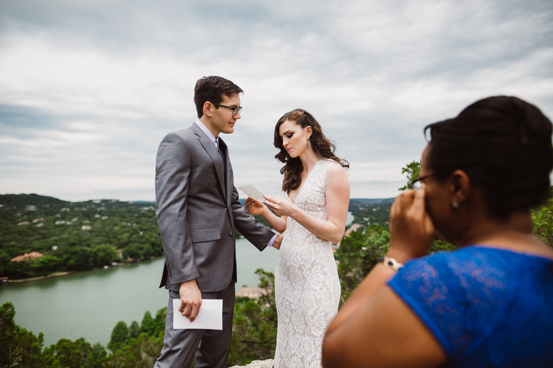 bride and groom at mt. bonnell