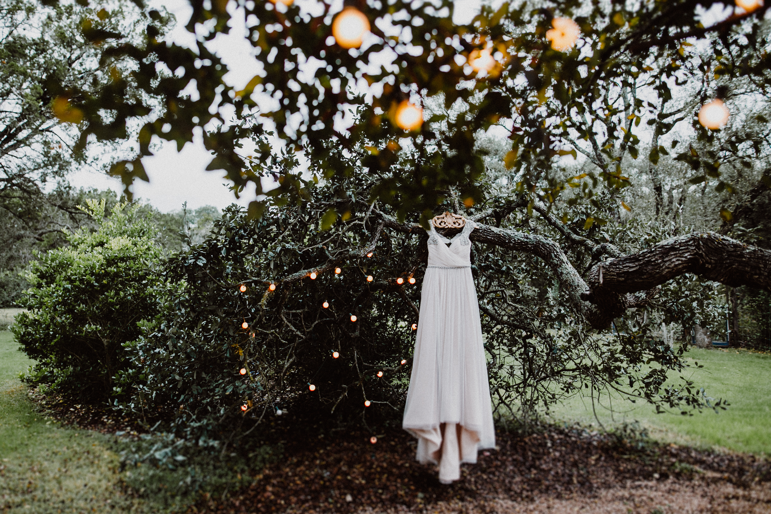 dress hanging from tree at wildflower barn