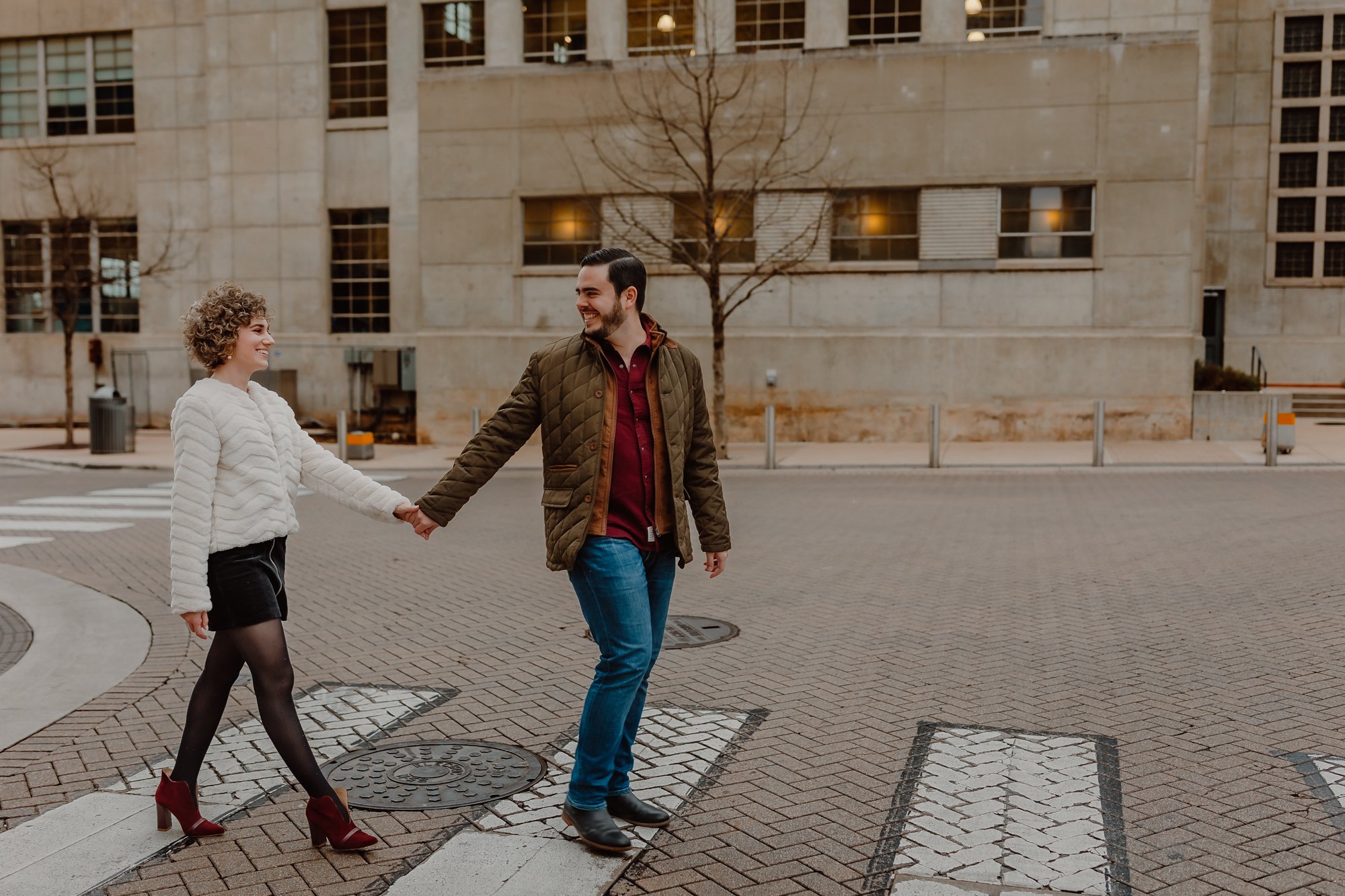 couple walking around seaholm district