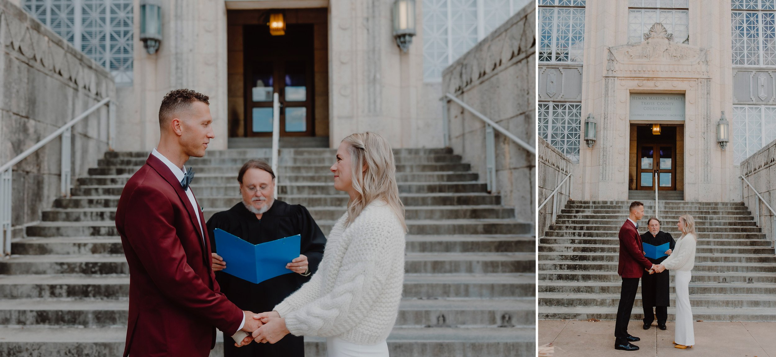 bride and groom getting married in front of the courthouse