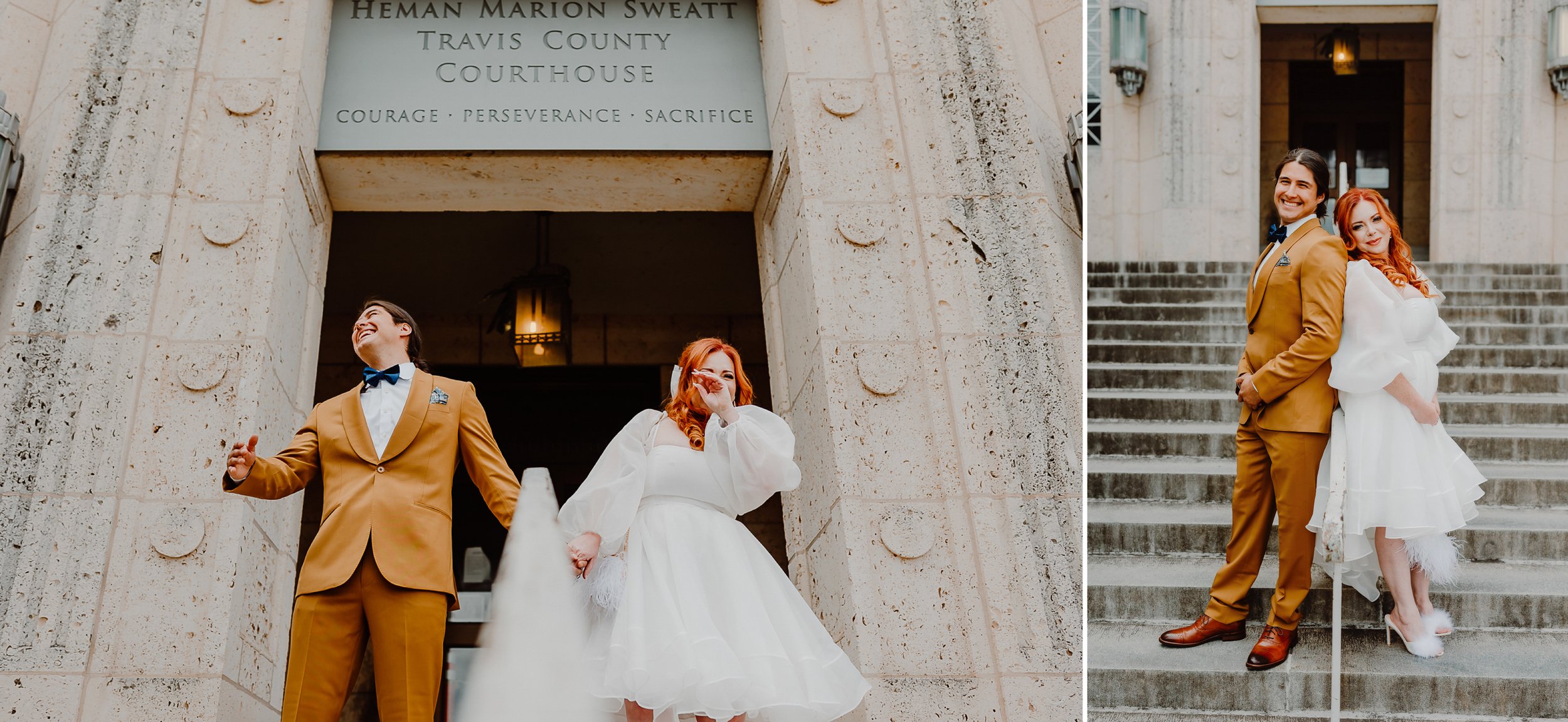 bride and groom on courthouse steps