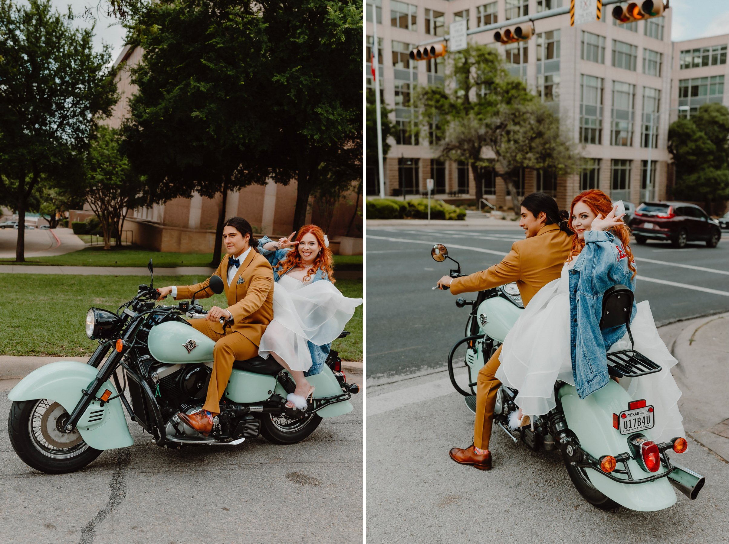 bride and groom driving off on motorcycle