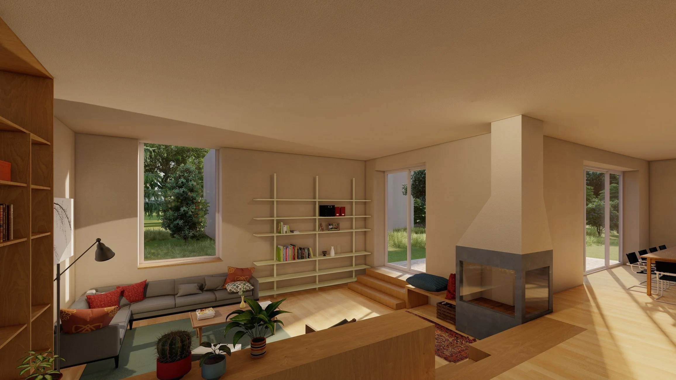 Wohnzimmer mit Blick auf den Kamin