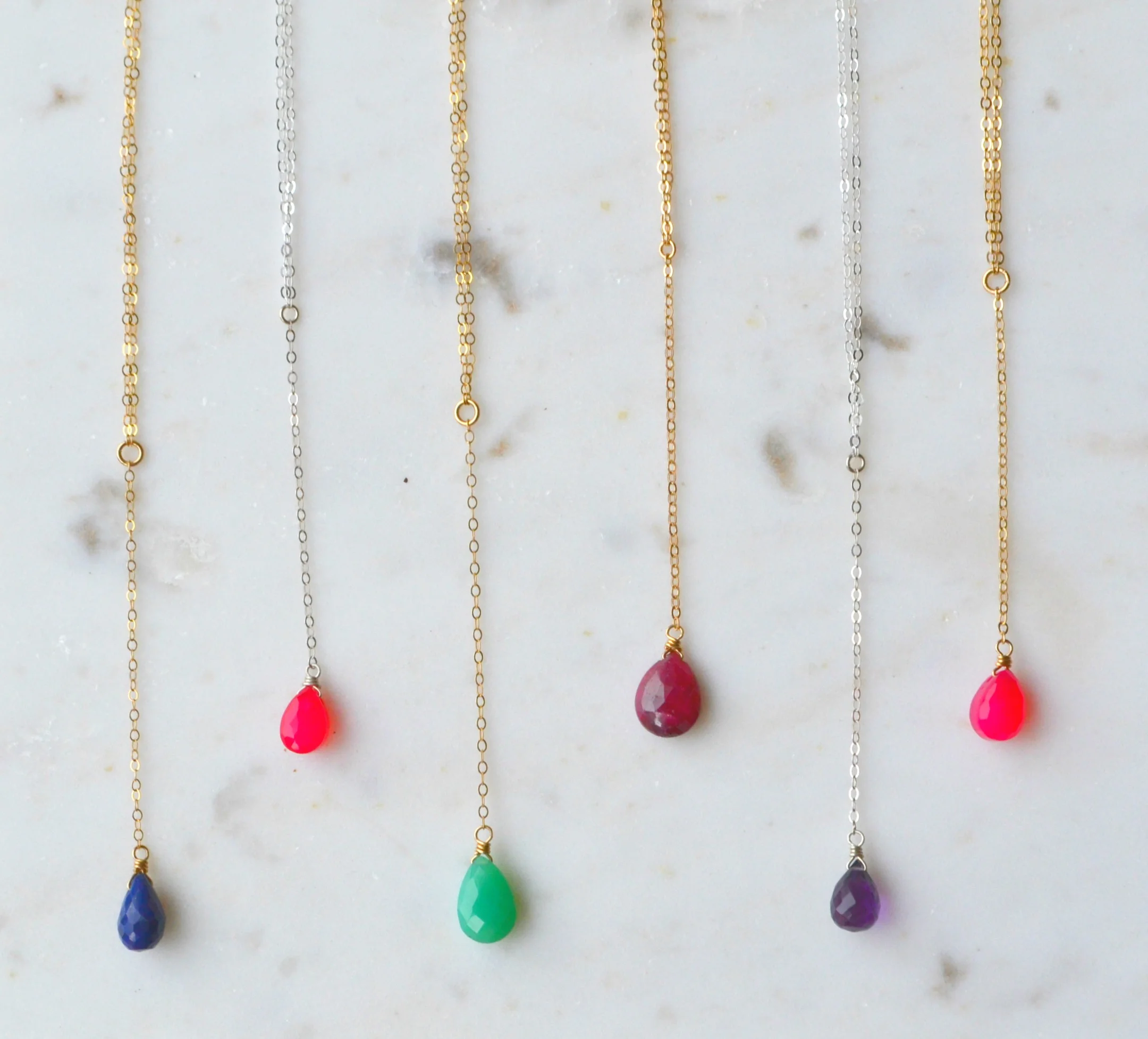 Gold filled or sterling silver lariat briolette gemstone necklaces.jpg