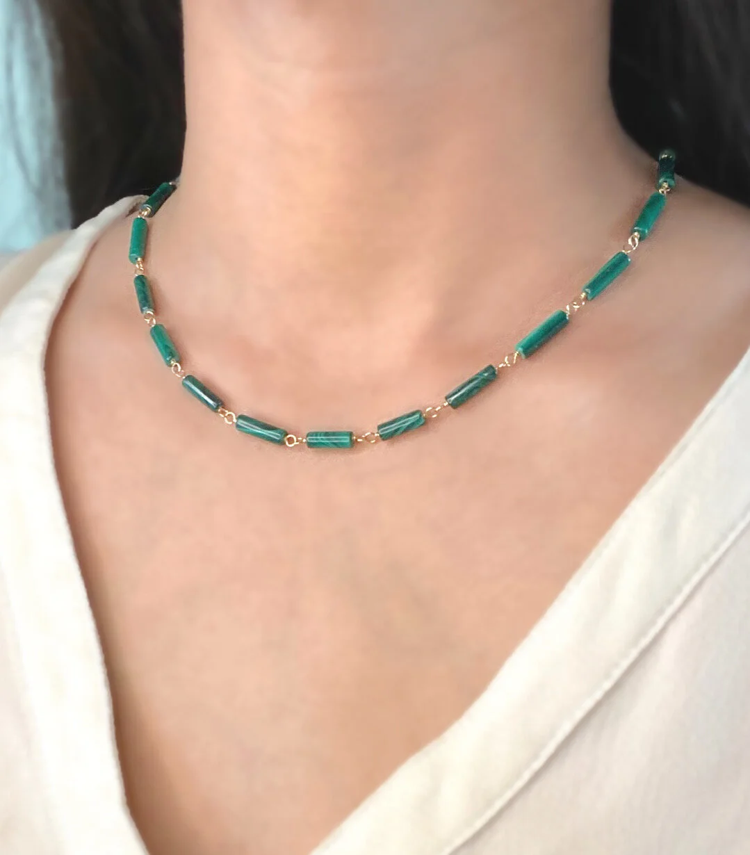 Delicate Wire Wrapped Malachite Gemstone Necklace.JPG