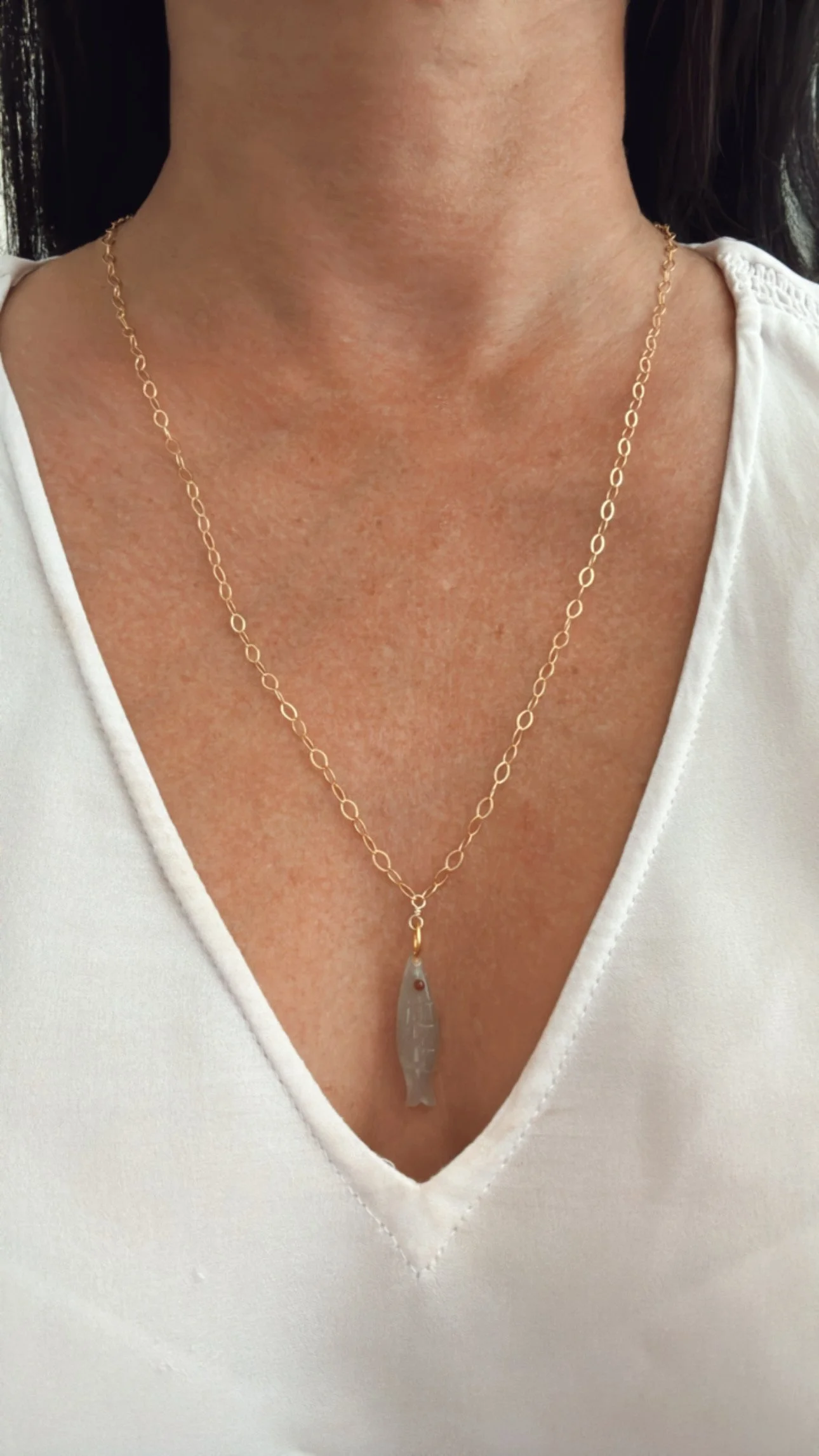 Gold Filled Grey Moonstone Carved Fish Necklace photo.JPG