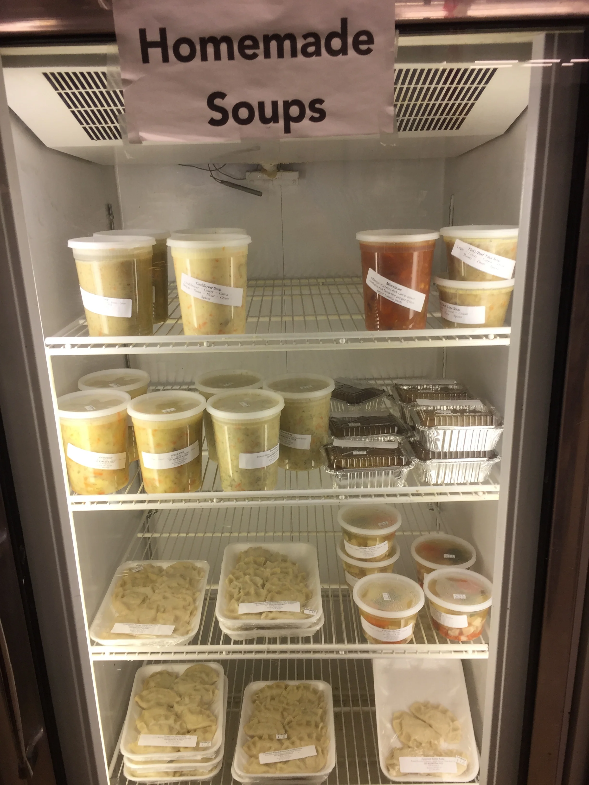 From our kitchen to your freezer, enjoy our delicious soups even when we're not open. •Ukrainian Beet soup • Bigos •Creamy vegetable, •Beef stew •Chicken noodle •Cauliflower soup •Broccoli Soup •Spinach soup•Flaki(tripe) •Polish Chili. Pierogi include: •Meat •Ruskie •Potato and onion •Saurkraut and mushroom