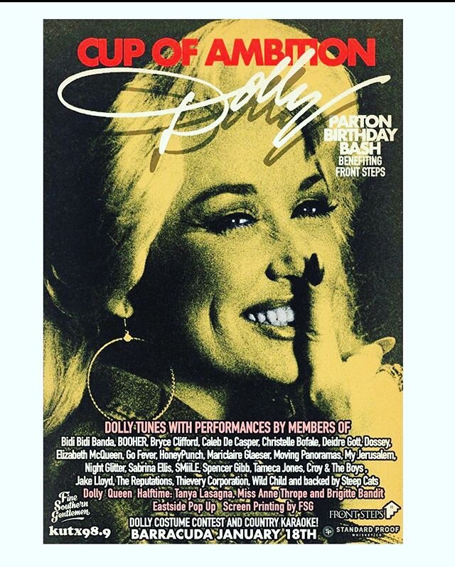 It&rsquo;s Dolly time!! Come join me and a bunch of incredible artists performing to celebrate Dolly&rsquo;s birthday Saturday (Jan 18th) at Barracuda! Tickets are almost sold out so grab now! #dollyparton #cupofambition #barracudaaustin #birthday