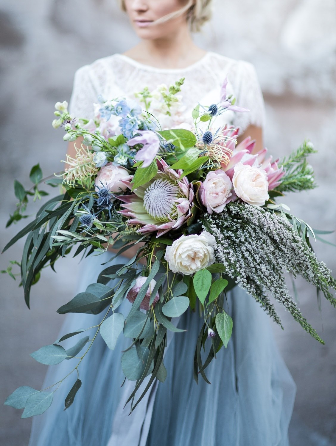 bridal bouquet serenity and rose quartz king protea