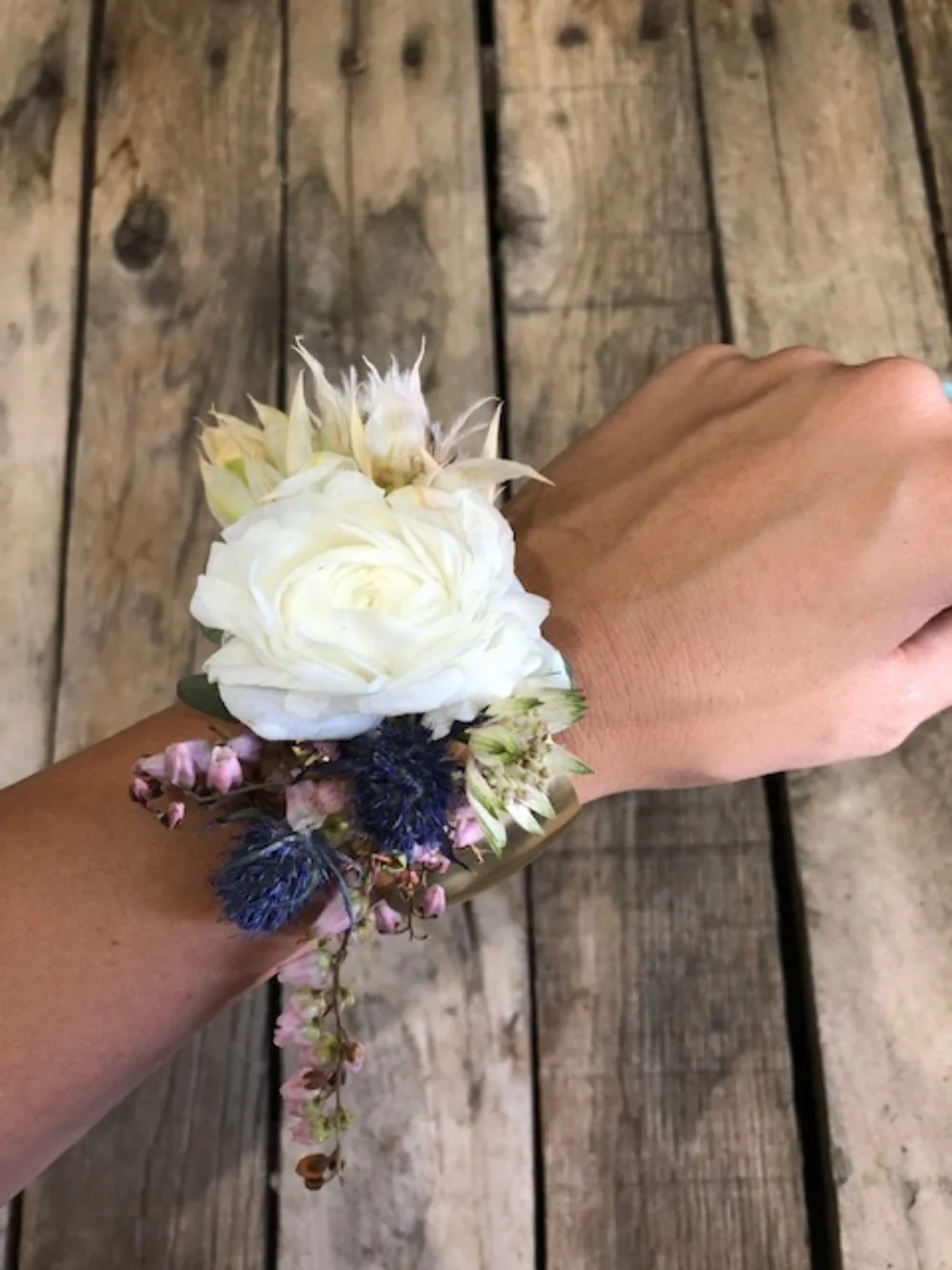 ranunculus wristlet on gold cuff