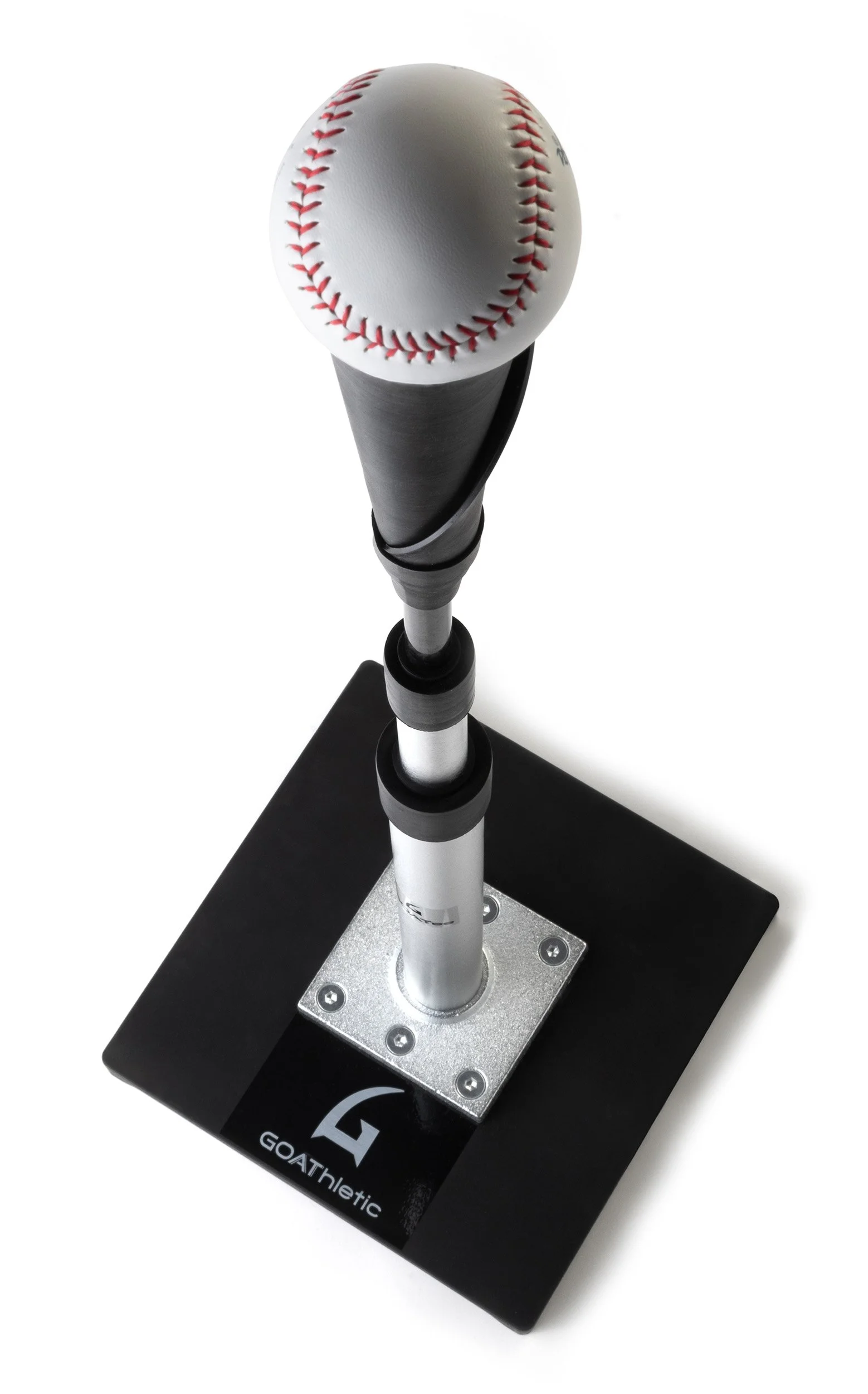 A baseball mounted on a black display stand with the GOAThtletic logo, a silver base, and a white background.