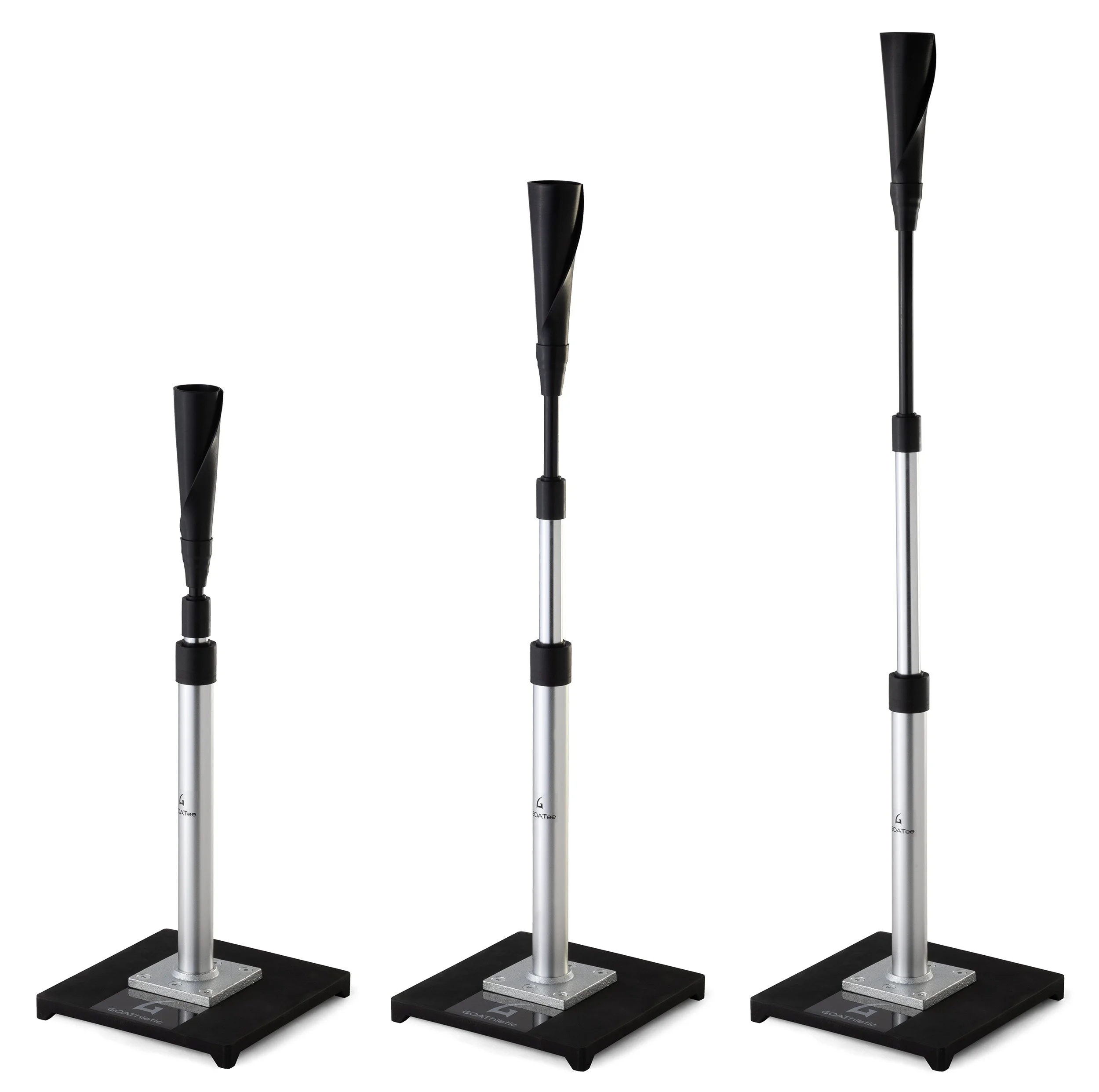 Three black and silver golf putters on display with black platforms.